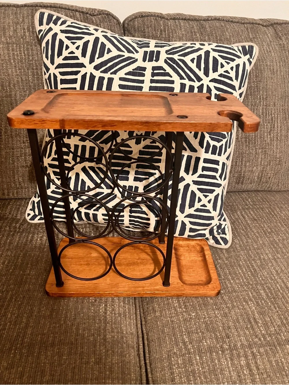Rustic Brown Wood and Black Metal 6-Bottle Wine Rack with Stemware Holder